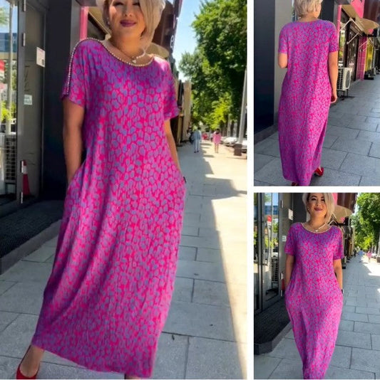 Leni™ Pink and Purple Floral Print Dress with Diamond Neckline