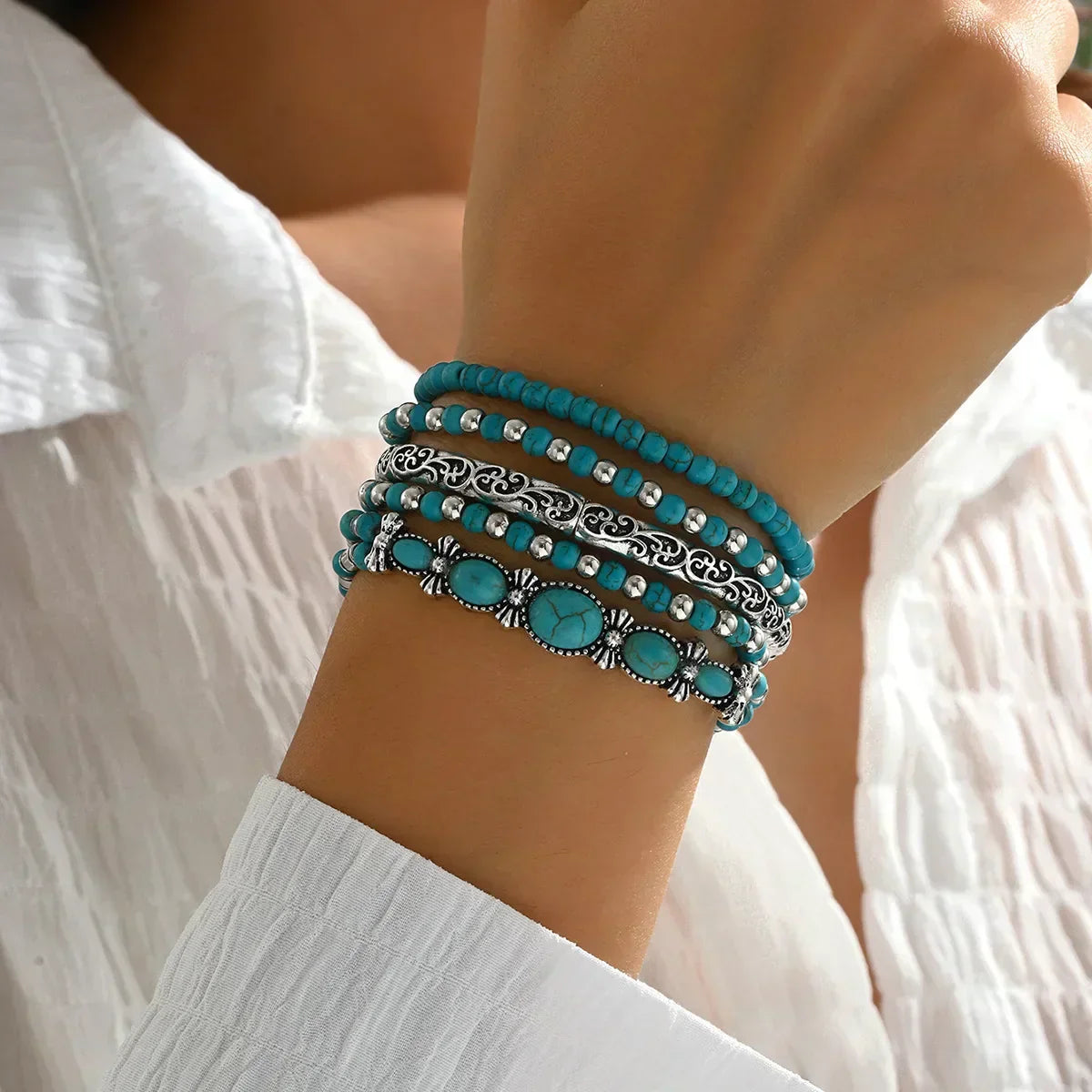 Selavienne™ Bohemian Bracelets with Green and Turquoise Beads