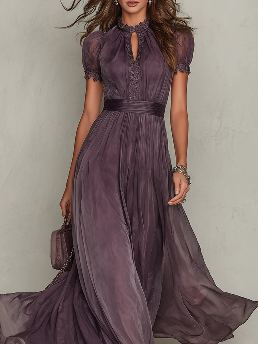 Bellamy™ Long Purple Dress with Keyhole Neckline, Chiffon Lace Trim