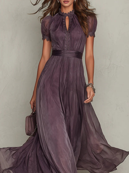 Bellamy™ Long Purple Dress with Keyhole Neckline, Chiffon Lace Trim