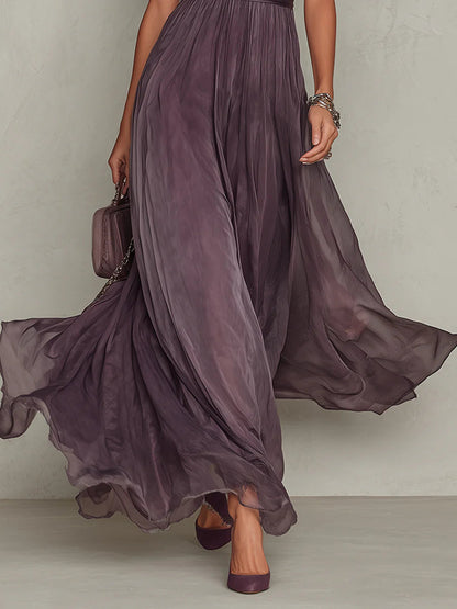 Bellamy™ Long Purple Dress with Keyhole Neckline, Chiffon Lace Trim