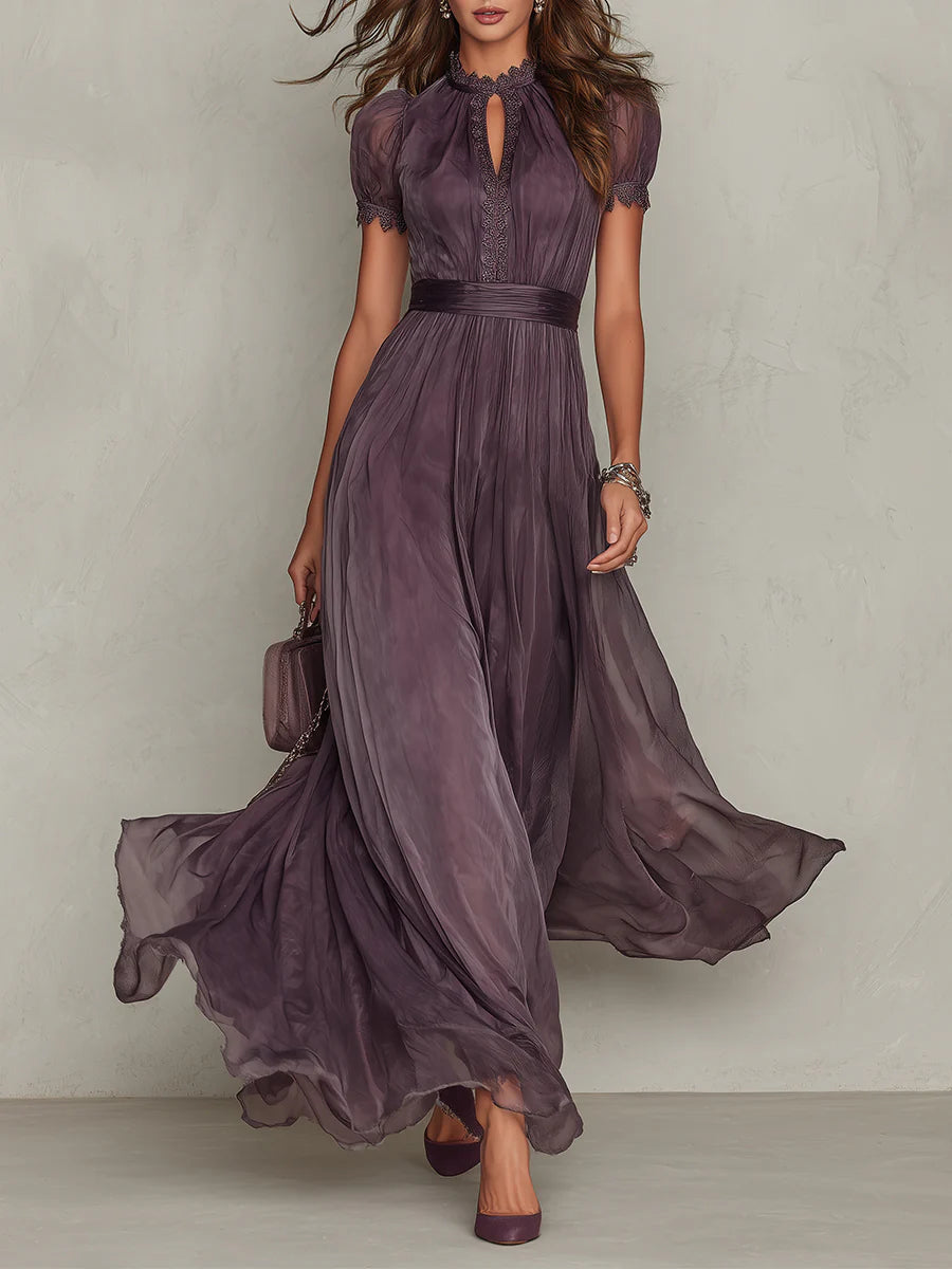 Bellamy™ Long Purple Dress with Keyhole Neckline, Chiffon Lace Trim