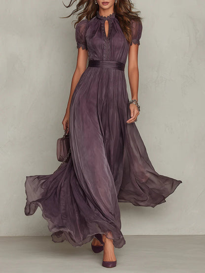 Bellamy™ Long Purple Dress with Keyhole Neckline, Chiffon Lace Trim
