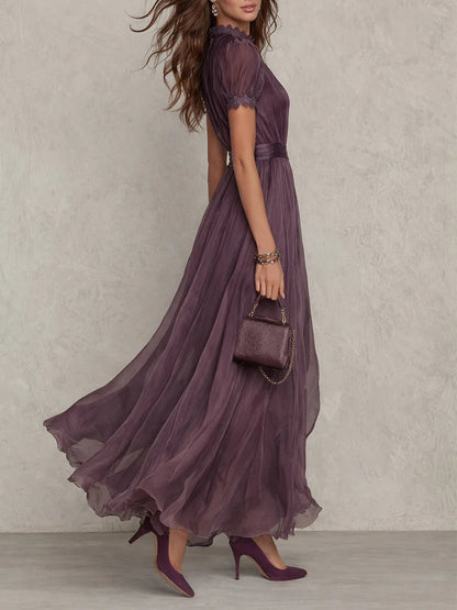 Bellamy™ Long Purple Dress with Keyhole Neckline, Chiffon Lace Trim