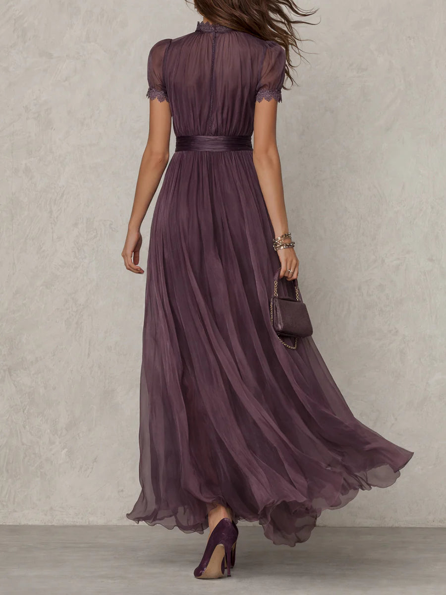 Bellamy™ Long Purple Dress with Keyhole Neckline, Chiffon Lace Trim