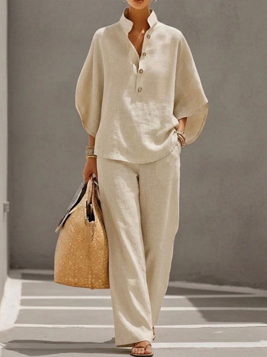 Kinsley™ Cotton and Linen Set with Batwing Sleeves and Wide Pants